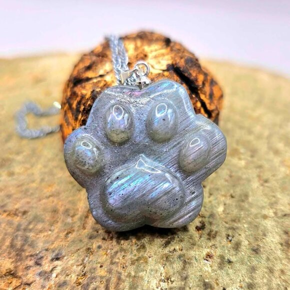 Nature Labradorite Flashy Cat Paw Pendant Necklace - Picture 1 of 10